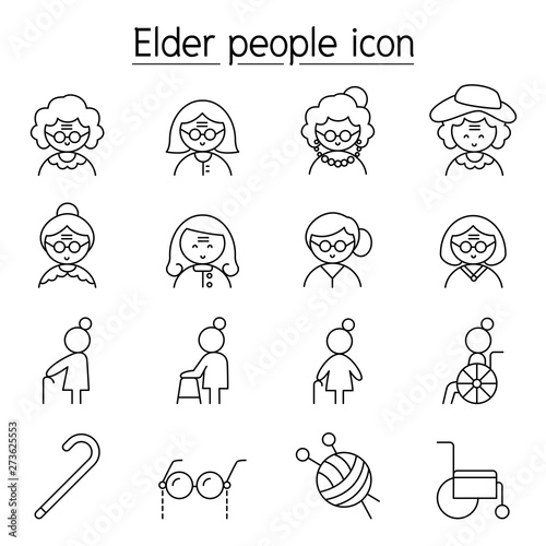 Elder woman, Grandmother icon set in thin line style
