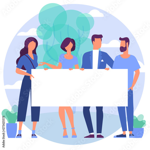 people with blank white banner