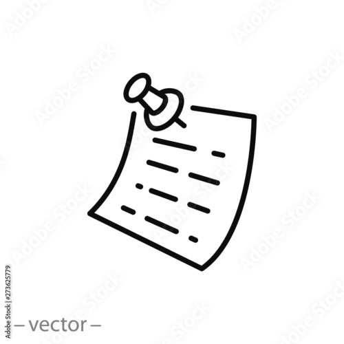 note paper with pushbutton icon, reminder sticker pinned linear sign isolated on white background - editable vector illustration eps10