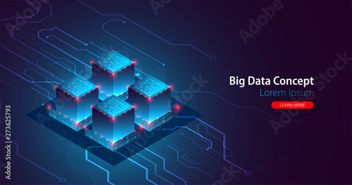 Isometric big data flow processing concept, database. Abstract technology background. Vector illustration