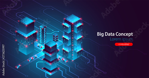 Isometric big data flow processing concept, database. Abstract technology background. Vector illustration