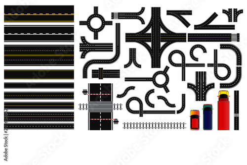 set of road parts with dashed line, roadside marking, intersections junction and crosswalk. easy to modify