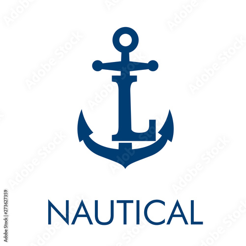 Logotipo abstracto con texto NAUTICAL con letra L en ancla en color azul