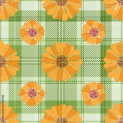 Vector seamless pattern with flowers and tartan for fabric  textile  wrapping paper  card  invitation  wallpaper  web design  background.