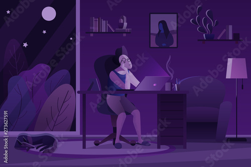 Tired person supporting head while doing freelance job in cozy room near window at night cartoon vector illustration.