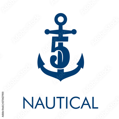 Logotipo abstracto con texto NAUTICAL con número 5 en ancla en color azul
