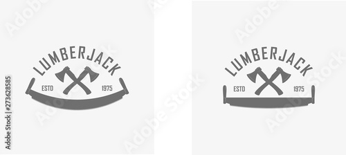 Illustration crossed text axes and saw. Logging company logo photo