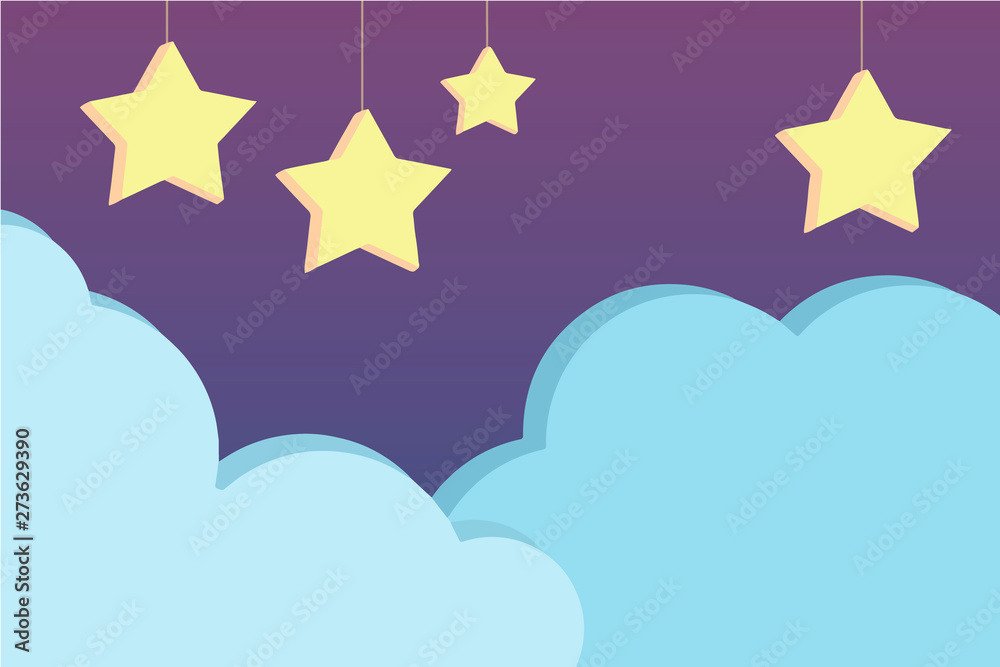 Obraz premium Night sky scene with cute purple cartoon style vector background with hanging three dimensional stars and light blue clouds, illustration suitable for children