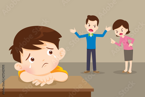 sad child with angry dad and mom quarreling