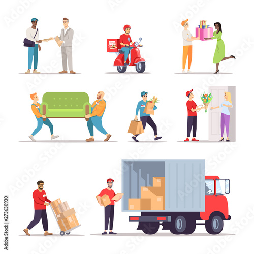 Delivery service workers flat illustrations set