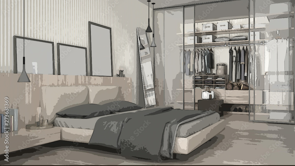 Cartoon illustration of cozy modern bedroom, interior design. Colorful background, apartment concept with furniture, digital painting, preliminary sketchbook, architecture idea Cartoon illustration of cozy modern bedroom, interior design. Colorful background, apartment concept with furniture, digital painting, preliminary sketchbook, architecture idea