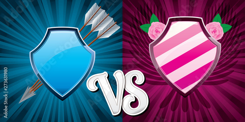 Background with pink and blue team shields versus