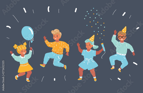Boys and girl jumping together.