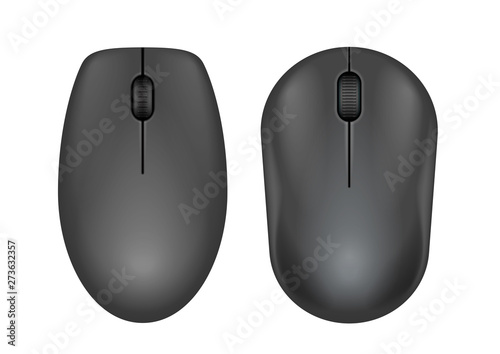 Black realistic computer mouse. Matte finish soft touch. Vector illustration on white background. Vector illustration