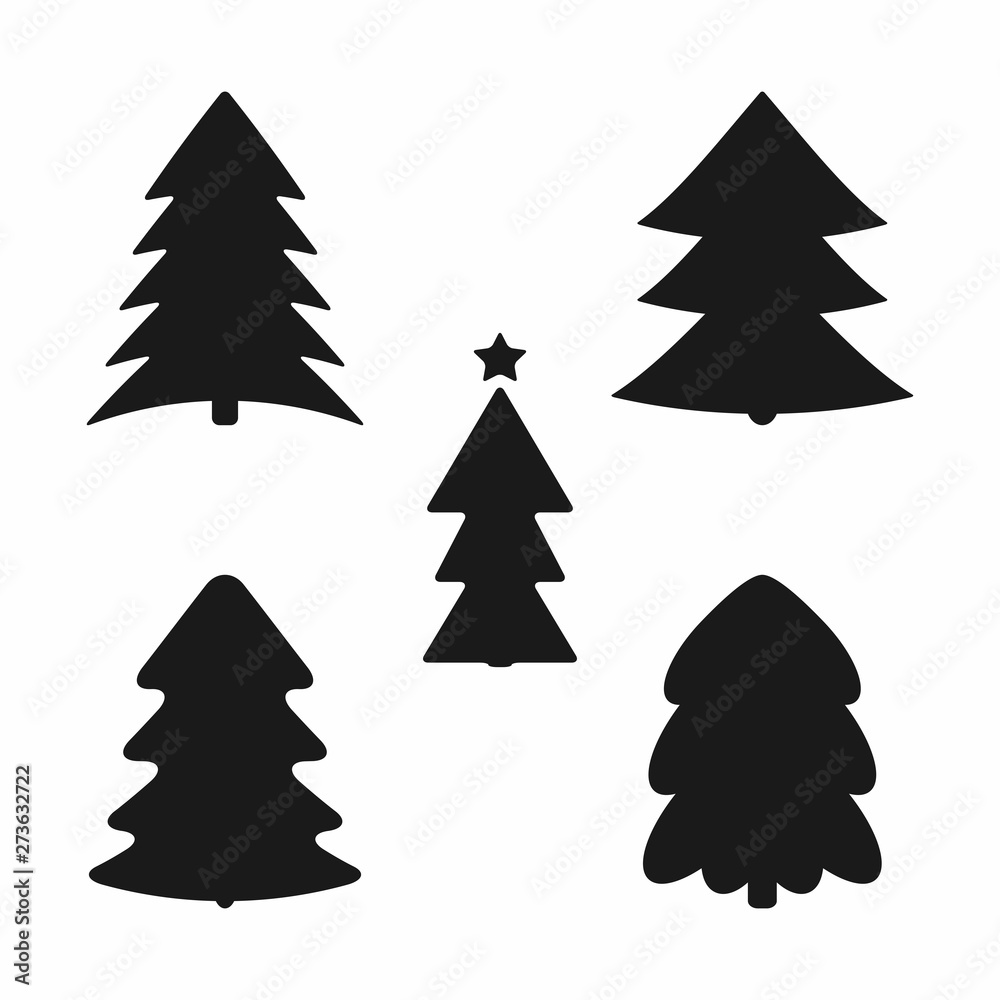 Set of silhouettes of trees. Collection of black icons, symbols, logos.