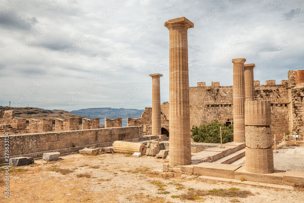 Famous tourist attraction - Acropolis of Lindos. Ancient architecture of Greece. Travel destinations of Rhodes island