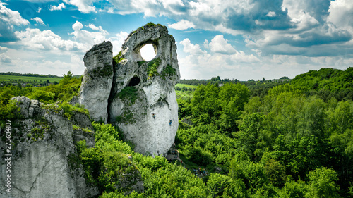 Fototapeta Naklejka Na Ścianę i Meble -  A panoramic view of the unique Okiennik rock in Poland with a large natural window