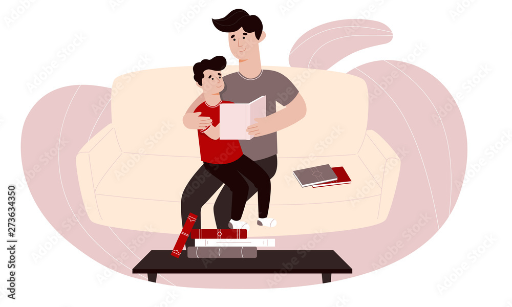 Father and his son spending time together. Dad reading books to his son. Caring father helping his child with school lessons. Adult teaches a kid. Loving family concept. Father's Day illustration.