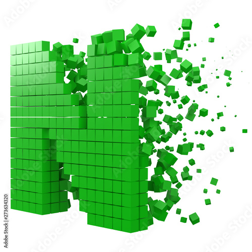 letter N shaped data block. version with green cubes. 3d pixel style vector illustration.