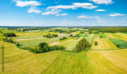 Green fields and trees of Polish countryside stretch to the horizon under white clouds and blue sky