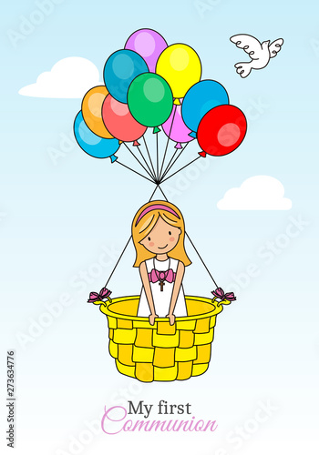 Child communion card. Girl flying in balloon