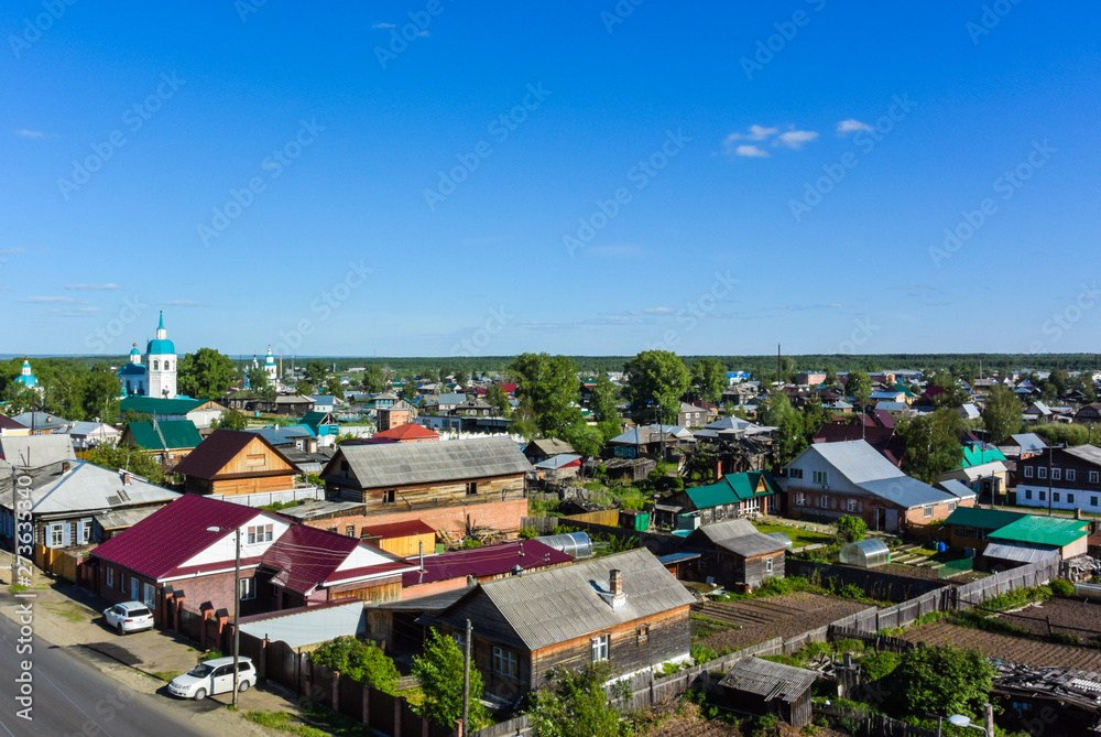 lesosibirsk / Russia - june 06 2019: top view of the city, houses and trees