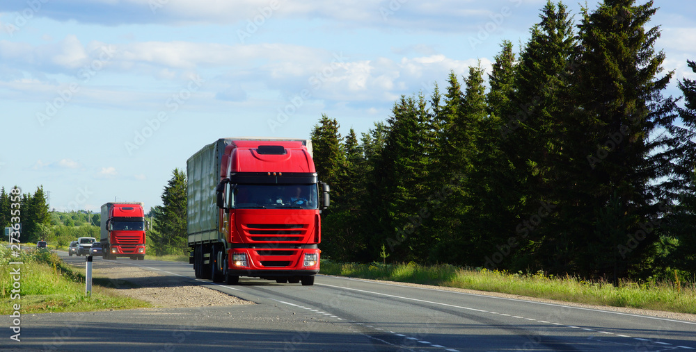 shipping two red cargo trucks on the road being driven by the sun day