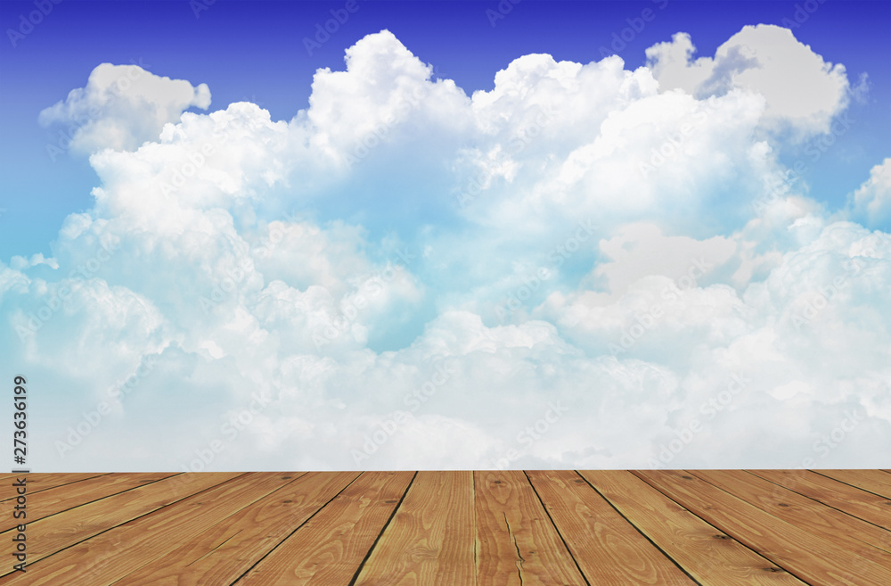 White clouds in blue sky background with wooden floors. - Image White clouds in blue sky background with wooden floors. - Image