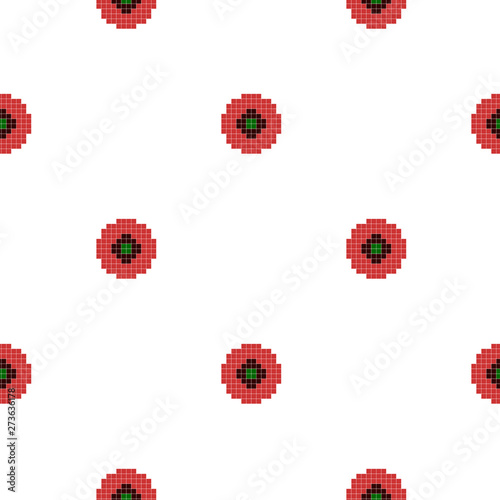 8 bit pixel floral background, seamless pattern with poppy. Template for greeting cards, invitations, textiles. Graphic design page. Vector graphic flowers.