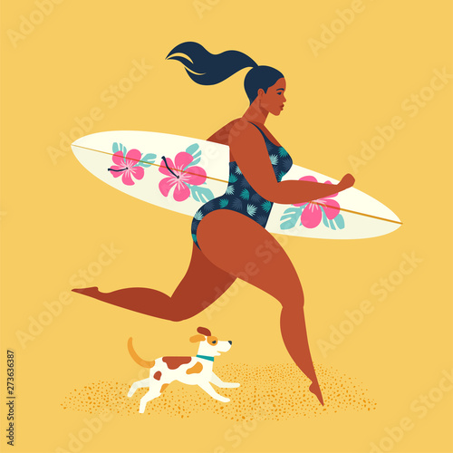 Summer holiday. Girl surfer running with a dog.