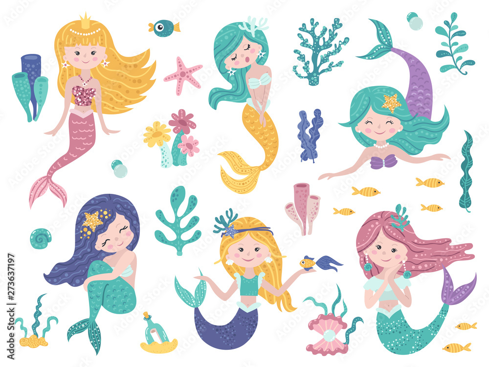 Set of cute mermaids and sea nature.
