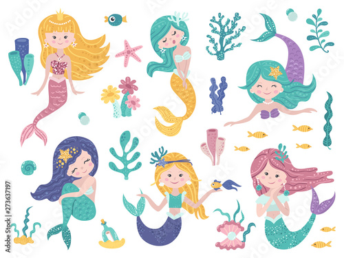 Set of cute mermaids and sea nature. Fototapet