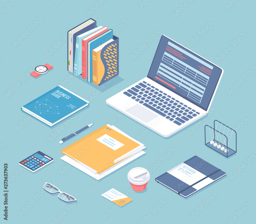 Online payment of bills, invoices, accounts. Application interface on the laptop screen, documents, calculator on the table. Workplace background. Isometric 3d vector illustration. Online payment of bills, invoices, accounts. Application interface on the laptop screen, documents, calculator on the table. Workplace background. Isometric 3d vector illustration.