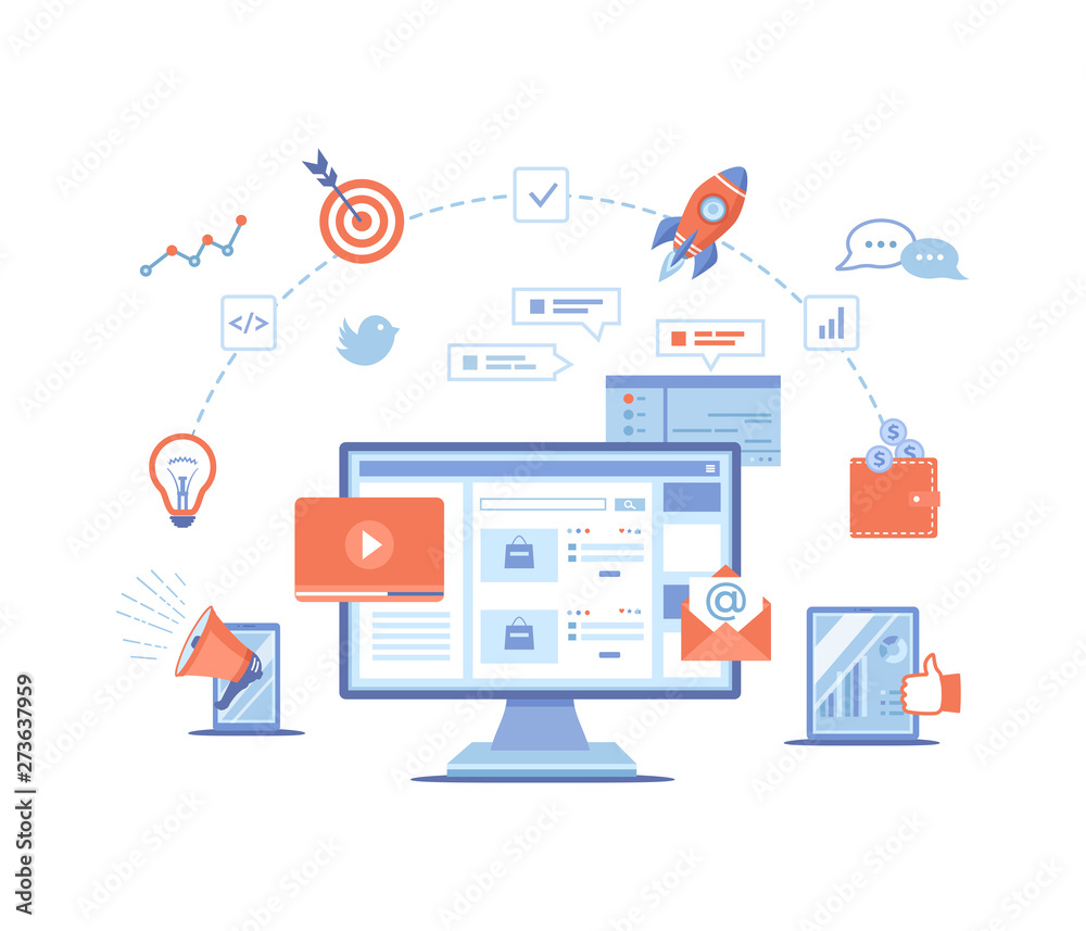 Digital Marketing concept. Landing page template. Business analysis, targeting, management. Social network and media communication. SEO, SEM. Vector illustration on white background.