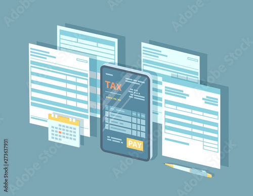 Online tax payment via phone. Mobile phone with tax form on screen and pay button. Internet banking concept. Online paying, bookkeeping, accounting. Isometric 3d vector illustration