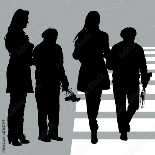 Vector silhouettes of two women of different ages, young and old. The concept of caring for the elderly, the day of the elderly, grandmothers day. 