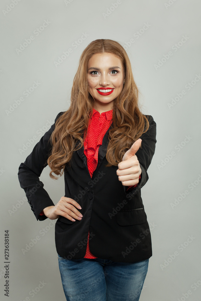 Smart woman showing thumb up on white Smart woman showing thumb up on white