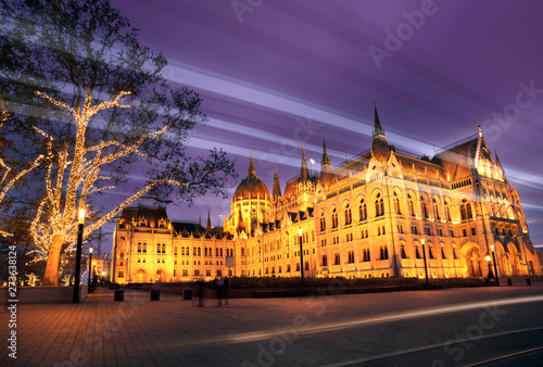 Hungarian Parliament in Budapest at night, lighting trail