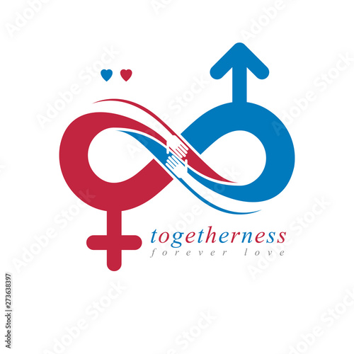 Eternal Couple conceptual logo, vector symbol created with infinity sign and male Mars an female Venus signs. Relationship idea.