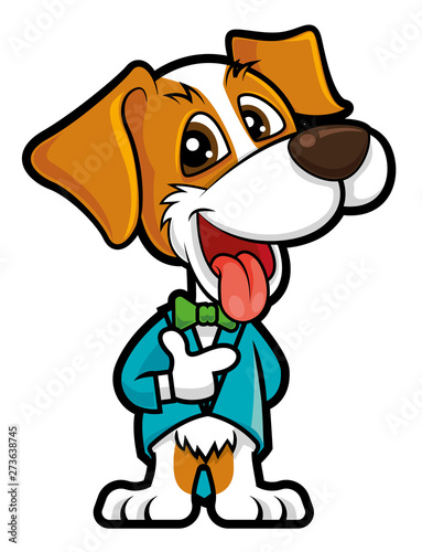 Cute dog wears tuxedo with bowtie. Pet hotel vector illustration mascot. - vector