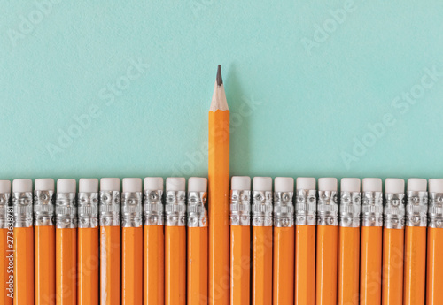 Row of orange pencils with one sharpened pencil. Leadership / standing out from a crowd concept with copy space. photo
