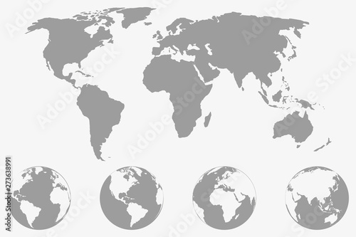 World map with four globe icons from different sides. Stylized geometric flat vector