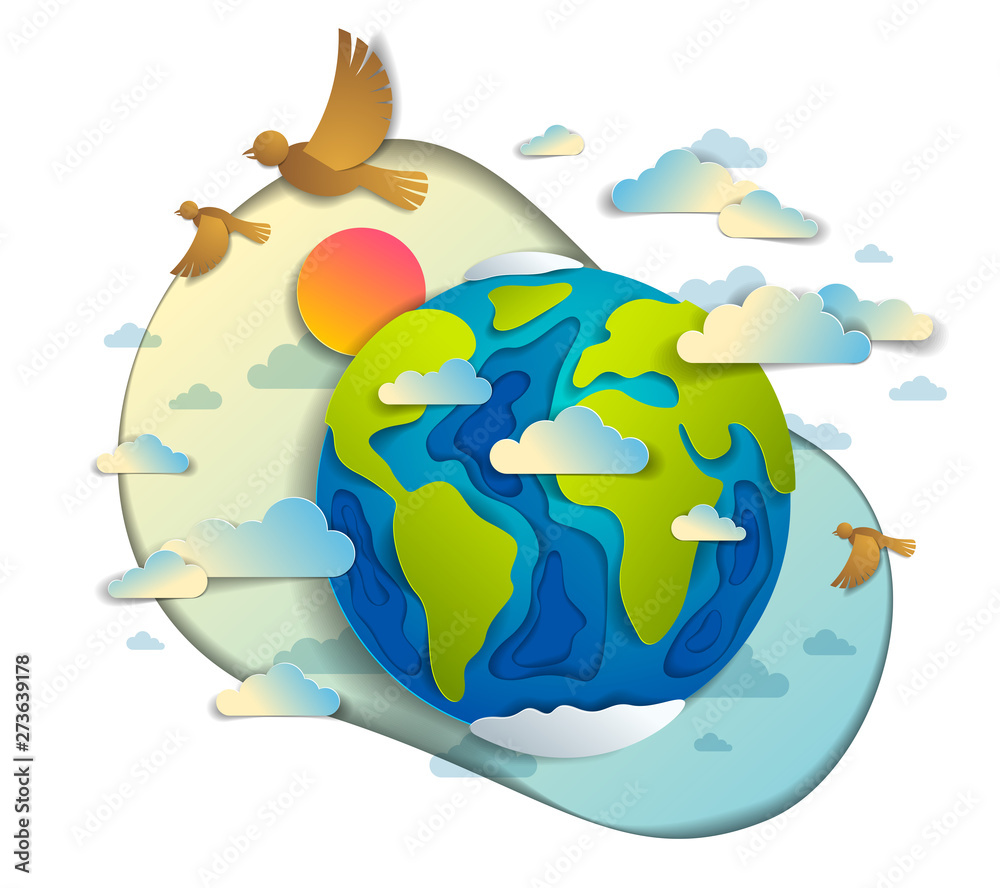 Cartoon earth clouds birds flying and sun vector modern style paper cut 3d illustration. Optimistic and positive freedom feeling concept design. Cartoon earth clouds birds flying and sun vector modern style paper cut 3d illustration. Optimistic and positive freedom feeling concept design.