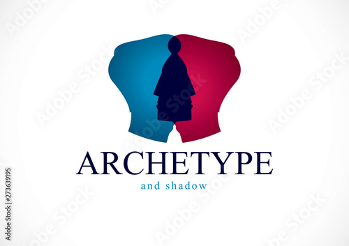 Psychology and mental health concept, created with double man head profile as an archetype and shadow, psychoanalysis, individuality and psychical problems. Vector logo or icon design.