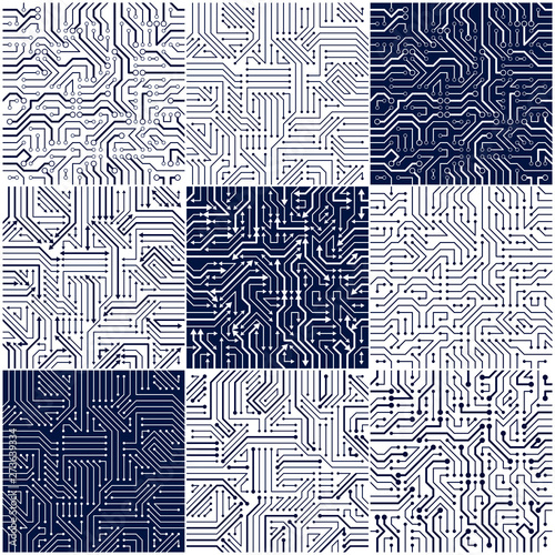 Circuit board seamless patterns set, vector backgrounds collection. Microchip technology electronics wallpaper repeat design.