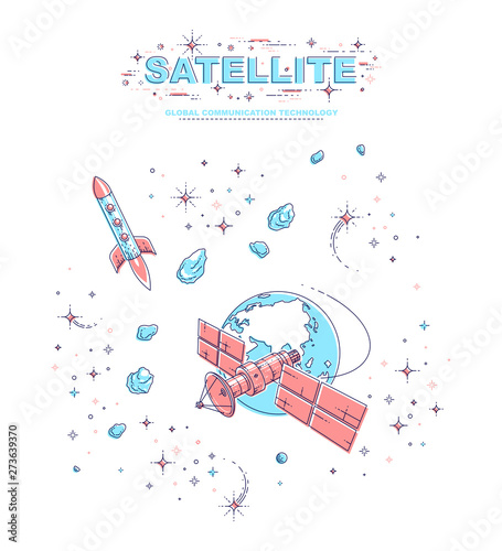 Communication satellite flying orbital spaceflight around earth, spacecraft space station with solar panels and satellite antenna plate, with rockets, stars and other elements. Vector.