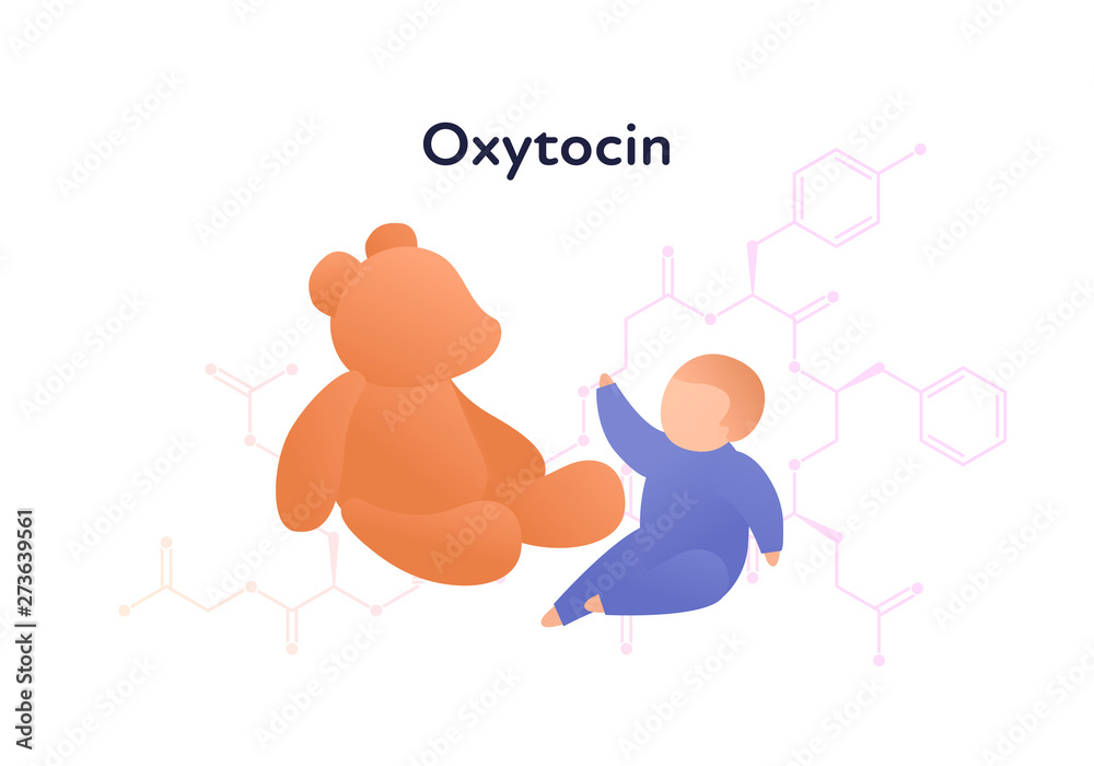 Vector hormones flat character banner template. Oxytocin structure baby and bear toy on white. Hormone assosiated with bonding, care, relationship Design for education, presentation, web, card, poster Vector hormones flat character banner template. Oxytocin structure baby and bear toy on white. Hormone assosiated with bonding, care, relationship Design for education, presentation, web, card, poster
