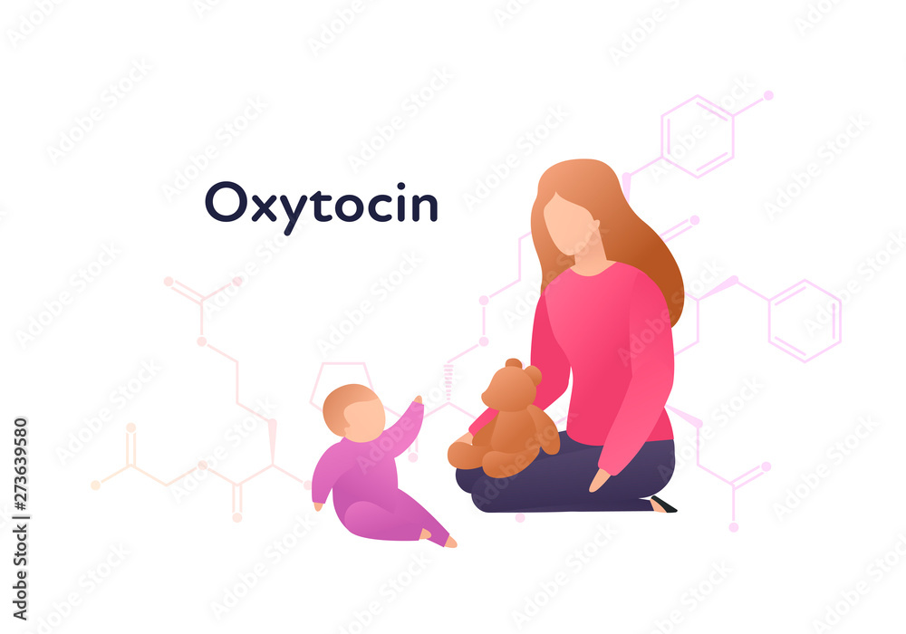 Vector hormones flat character banner template. Oxytocin structure with trendy style female plaing with baby on white. Hormone assosiated with bonding, care, love. Design for education, presentation. Vector hormones flat character banner template. Oxytocin structure with trendy style female plaing with baby on white. Hormone assosiated with bonding, care, love. Design for education, presentation.