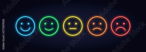 Vector neon icon set for mood tracker. Five color lamp illuminated emotion smile from satisfied to anger isolated on black. Emoticon element of UI design for client rating, feedback, survey
