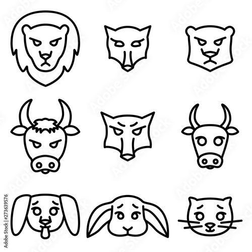 Set of icons or logos with domestic, wild and farm animals Vector illustration in linear style.